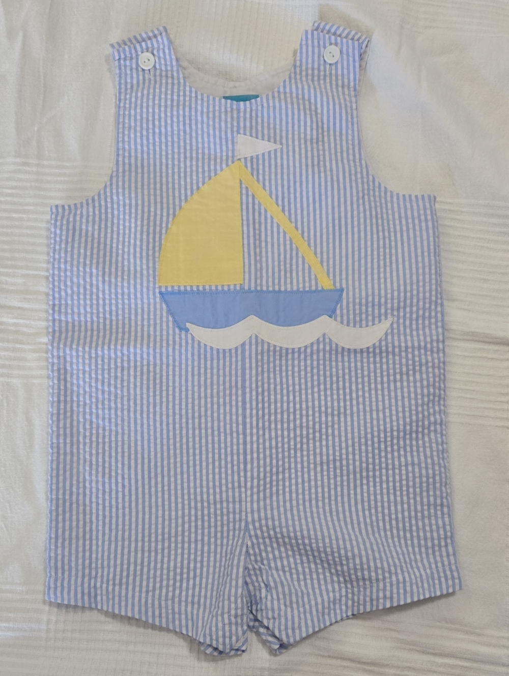Funtasia Blue Seersucker Kids Sailboat Shortall Sz 4t